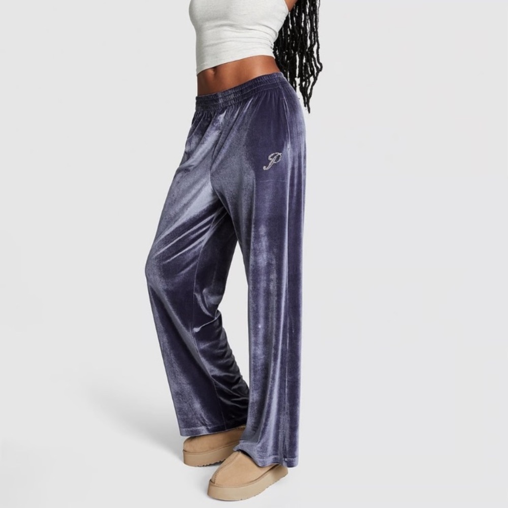 Victoria’s Secret PINK Blue Velour Shine Logo Wide-Leg Pants